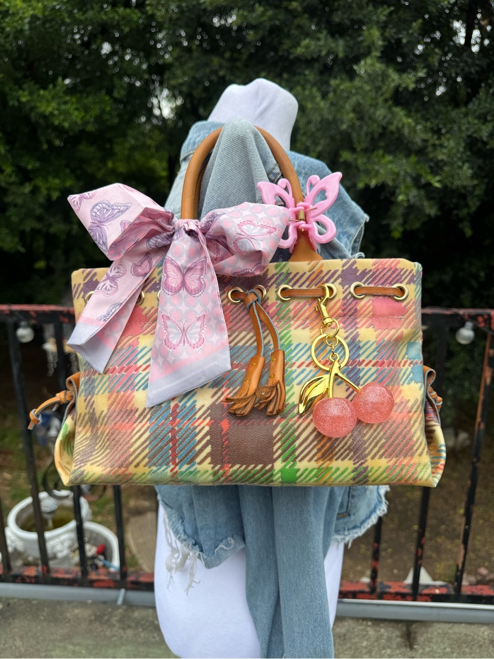 Dooney & Bourke Multicolor Plaid Tote with Pink Scarf and Cherry Charm